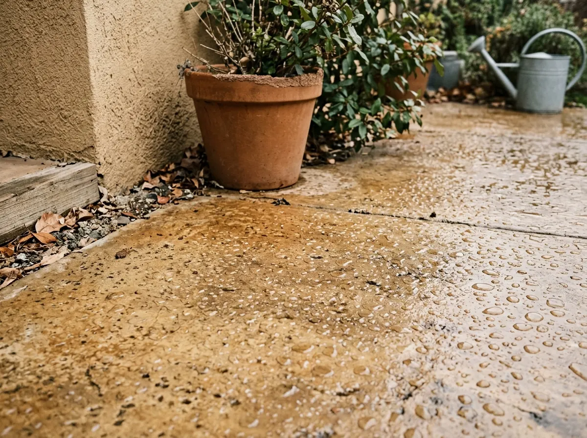 Close-up of a sealed stained concrete patio where rainwater beads on a matte surface
